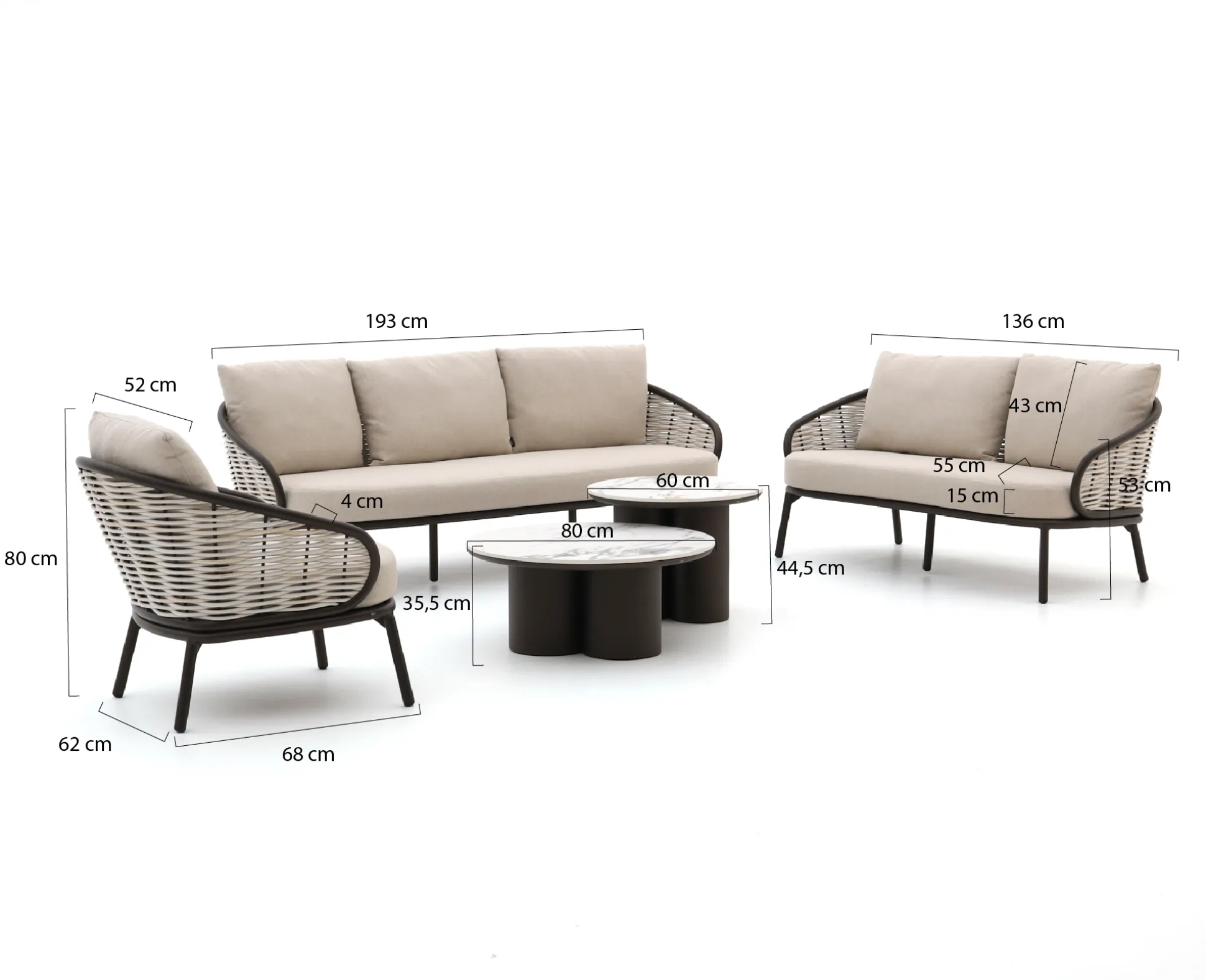 Apple Bee Pine Key/Tonga stoel-bank loungeset 5-delig 6-zits