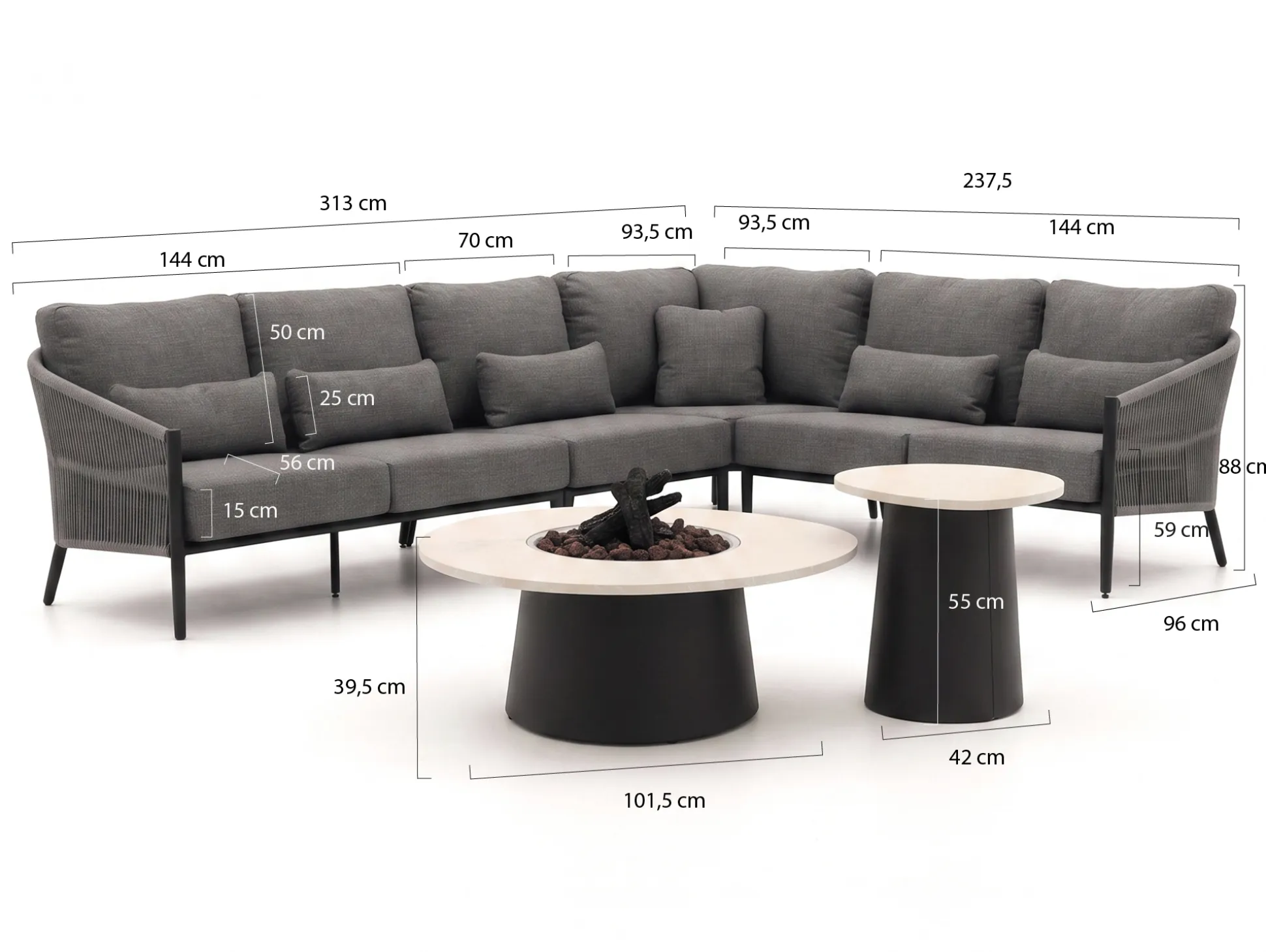 Bellagio Mineo/Cosidune hoek loungeset met vuurtafels 6-delig