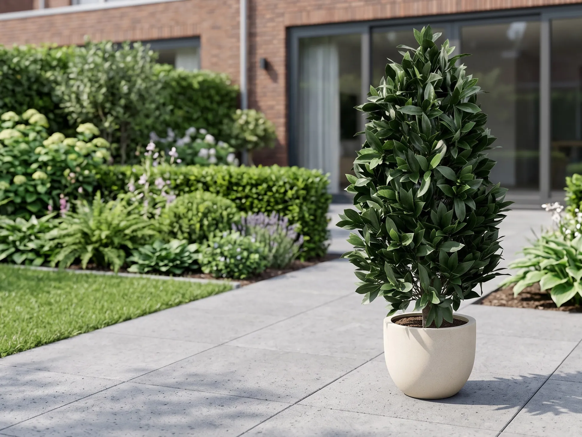 Designplants/Luca Lifestyle Laurier pyramide kunstplant (h:150cm) met Grigio New Egg bloempot