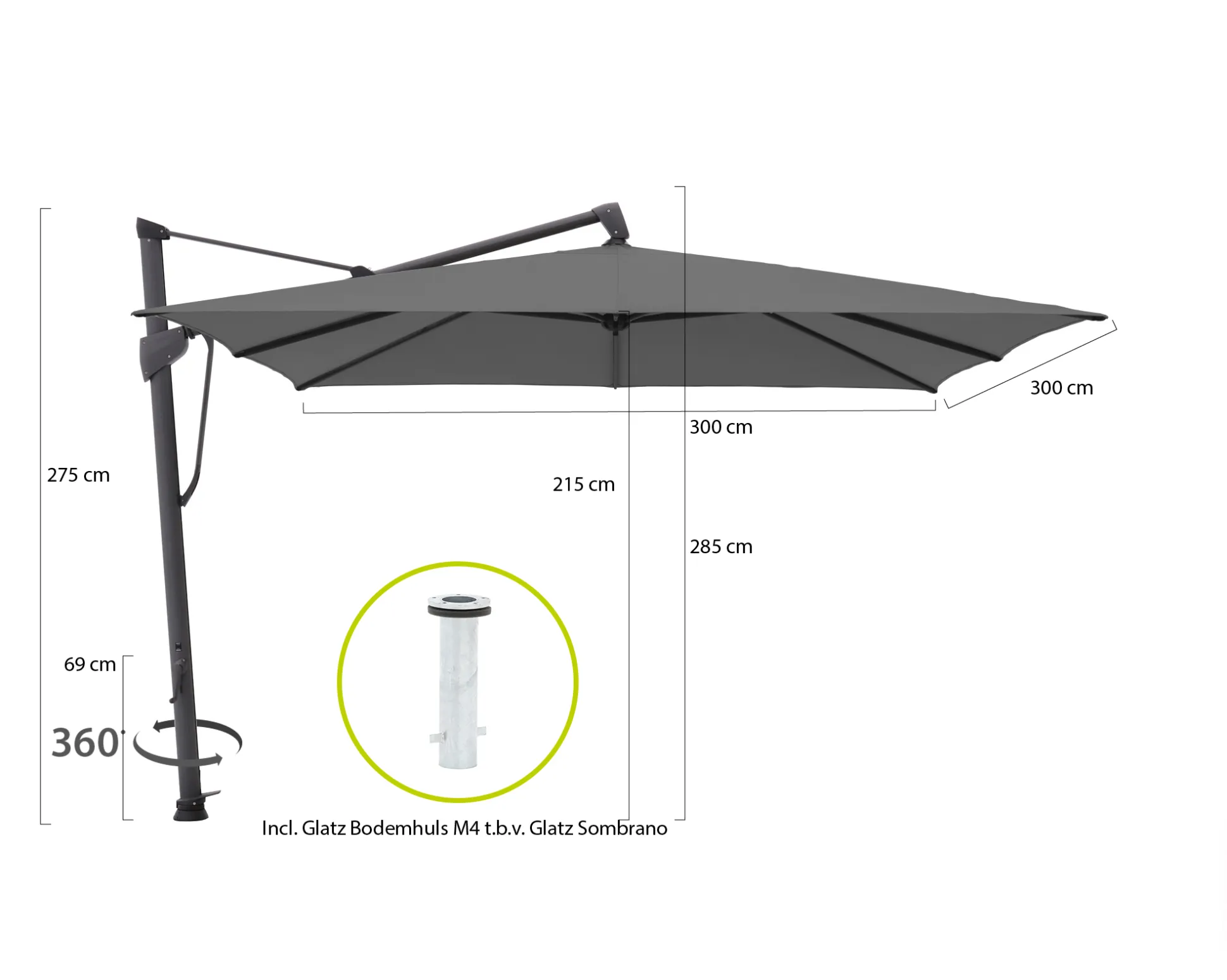 Glatz Sombrano S+ Easy zweefparasol 300x300cm