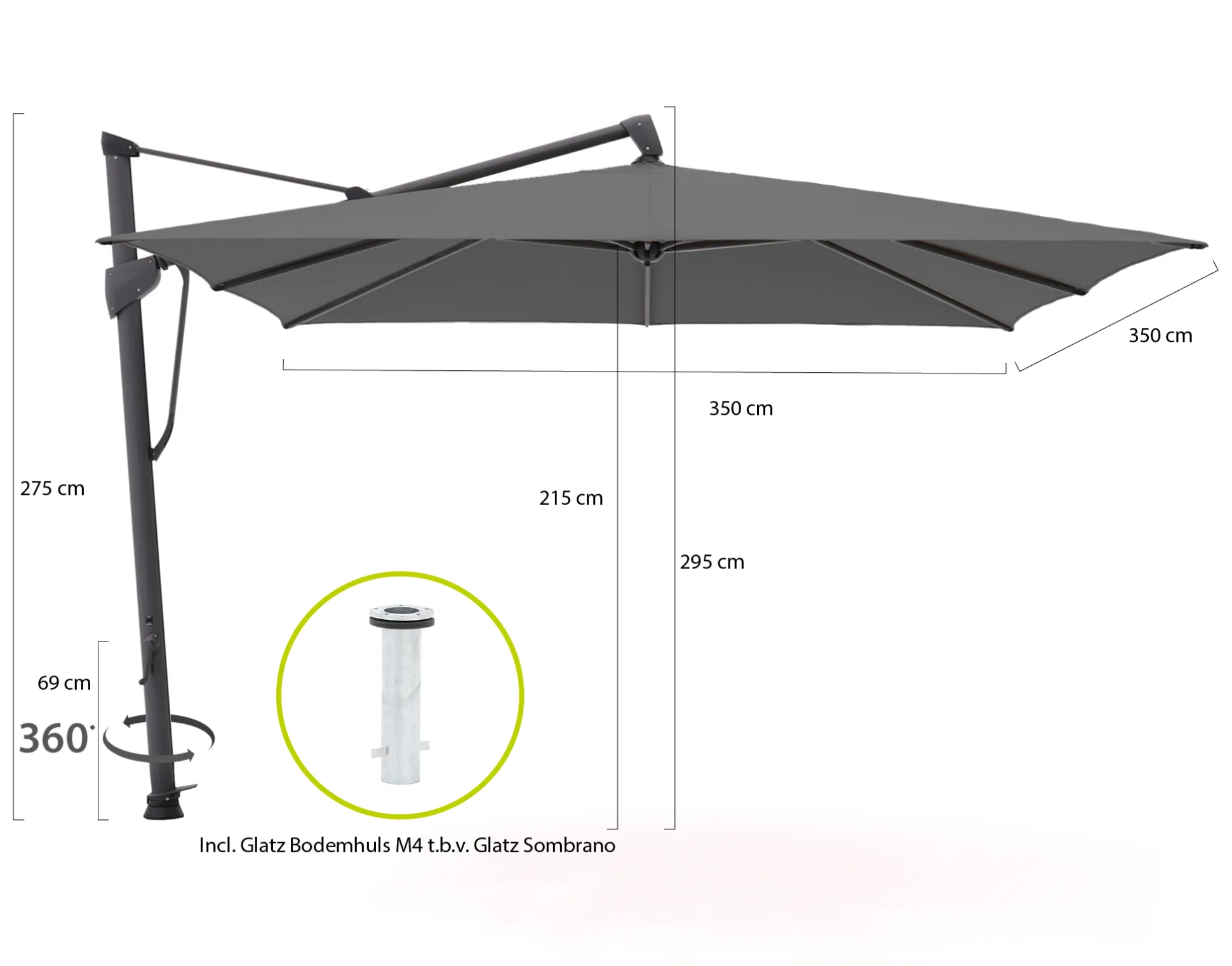 Glatz Sombrano S+ Easy zweefparasol 350x350cm