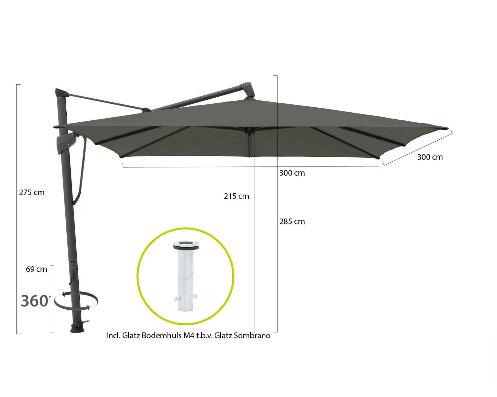 Glatz Sombrano S+ Easy zweefparasol 300x300cm